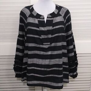 Who What Wear Blouse Peasant Top Style Black Grey Stripe with Sleeve Detail Med